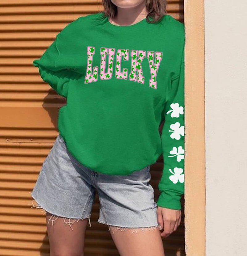 Huovud St. Patrickâ€™s Day Sweatshirts for Women, Lightweight Shamrock Clover Graphic Long Sleeve Casual Irish Loose Fit Pullover Top (Green-6, Medium) - Image 3