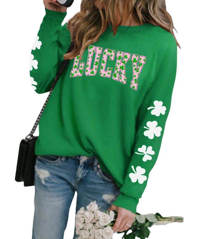 Huovud St. Patrickâ€™s Day Sweatshirts for Women, Lightweight Shamrock Clover Graphic Long Sleeve Casual Irish Loose Fit Pullover Top (Green-6, Medium) - Image 1