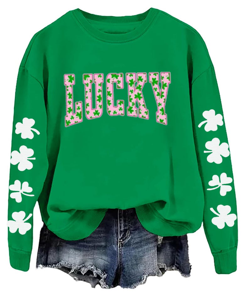Huovud St. Patrickâ€™s Day Sweatshirts for Women, Lightweight Shamrock Clover Graphic Long Sleeve Casual Irish Loose Fit Pullover Top (Green-6, Medium) - Image 4