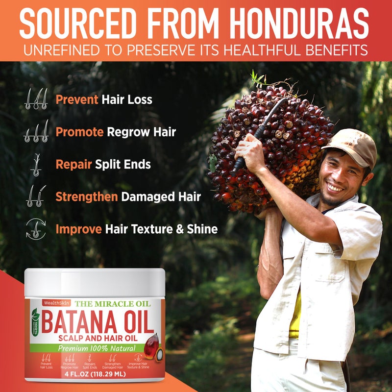 Wealthskin Batana Oil from Honduras: Hair Growth Mask, Repairs Damaged Hair & Skin, Reduces Hair Loss (118ml) - Image 3