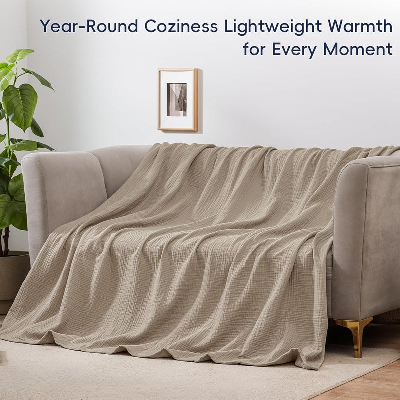 PHF 100% Cotton Muslin Blanket Queen Size (230cm x 230cm), 4-Layer Lightweight and Breathable Blanket for Summer, Luxuriously Soft Gauze Bedding for Bed, Natural Minimalism Style, Ideal Gift, Light Tan - Image 5