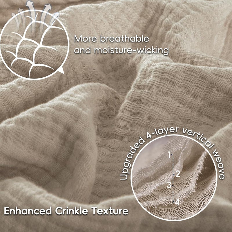 PHF 100% Cotton Muslin Blanket Queen Size (230cm x 230cm), 4-Layer Lightweight and Breathable Blanket for Summer, Luxuriously Soft Gauze Bedding for Bed, Natural Minimalism Style, Ideal Gift, Light Tan - Image 3