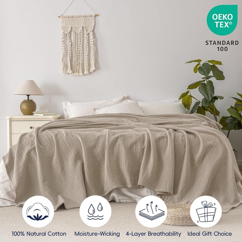 PHF 100% Cotton Muslin Blanket Queen Size (230cm x 230cm), 4-Layer Lightweight and Breathable Blanket for Summer, Luxuriously Soft Gauze Bedding for Bed, Natural Minimalism Style, Ideal Gift, Light Tan - Image 4