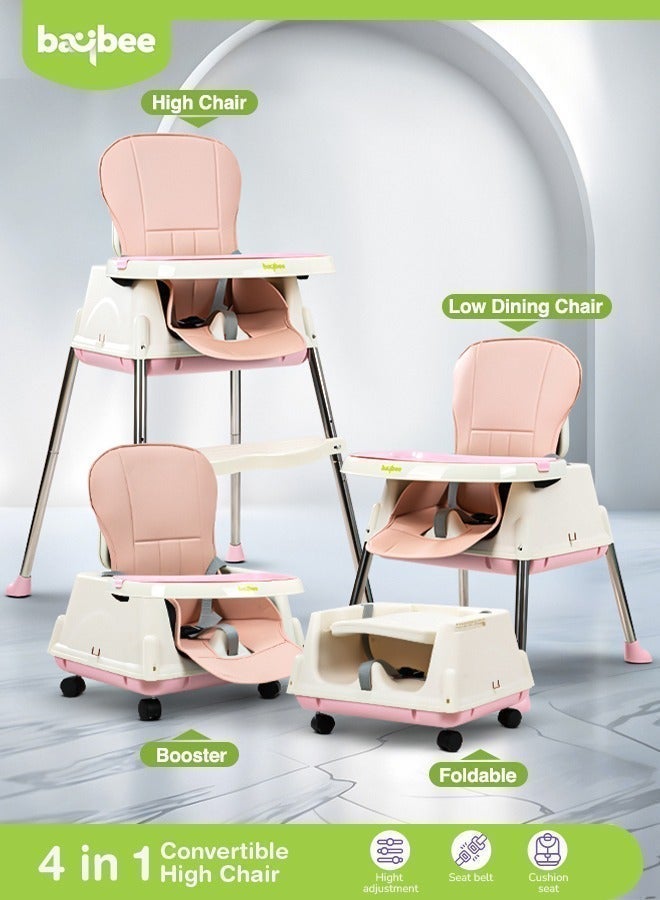 BAYBEE 4 In 1 Baby Adjustable High Chair With Footrest, Tray And Belt For 6 Months to 3 Years, Pink - Image 1