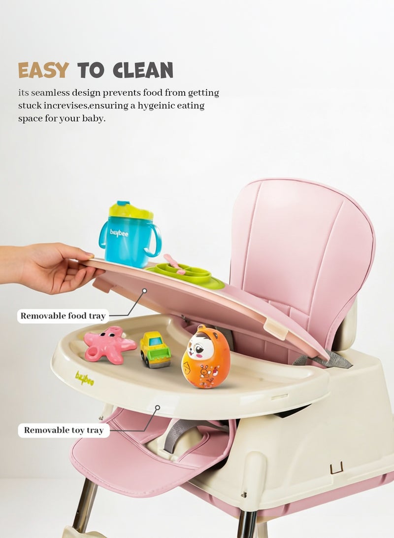 BAYBEE 4 In 1 Baby Adjustable High Chair With Footrest, Tray And Belt For 6 Months to 3 Years, Pink - Image 4