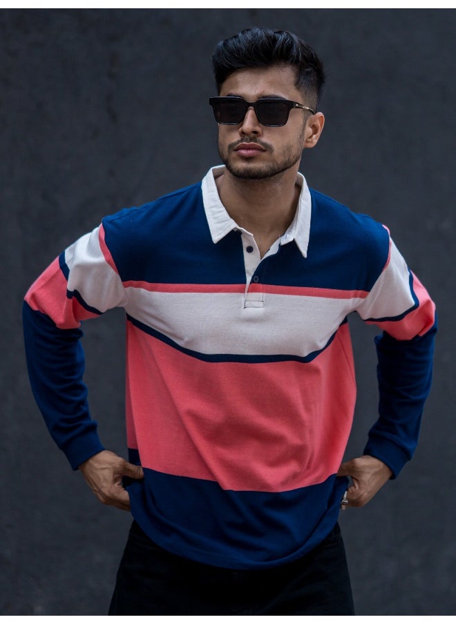 Maniac Mens Polo Neck Auto Striped Full Sleeve Navy, Orange Cotton Oversized Fit T-Shirt  - Image 1