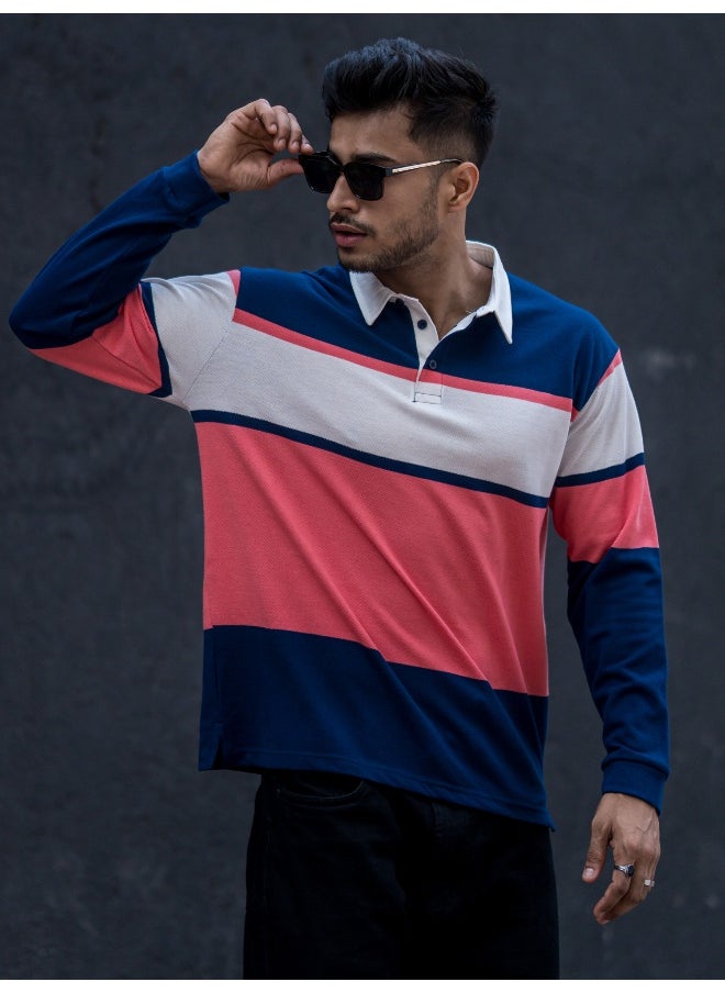 Maniac Mens Polo Neck Auto Striped Full Sleeve Navy, Orange Cotton Oversized Fit T-Shirt  - Image 4