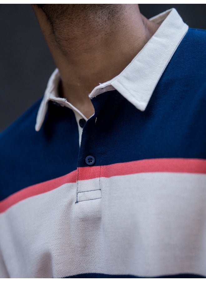 Maniac Mens Polo Neck Auto Striped Full Sleeve Navy, Orange Cotton Oversized Fit T-Shirt  - Image 3