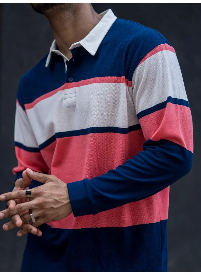 مانياك Mens Polo Neck Auto Striped Full Sleeve Navy, Orange Cotton Oversized Fit T-Shirt