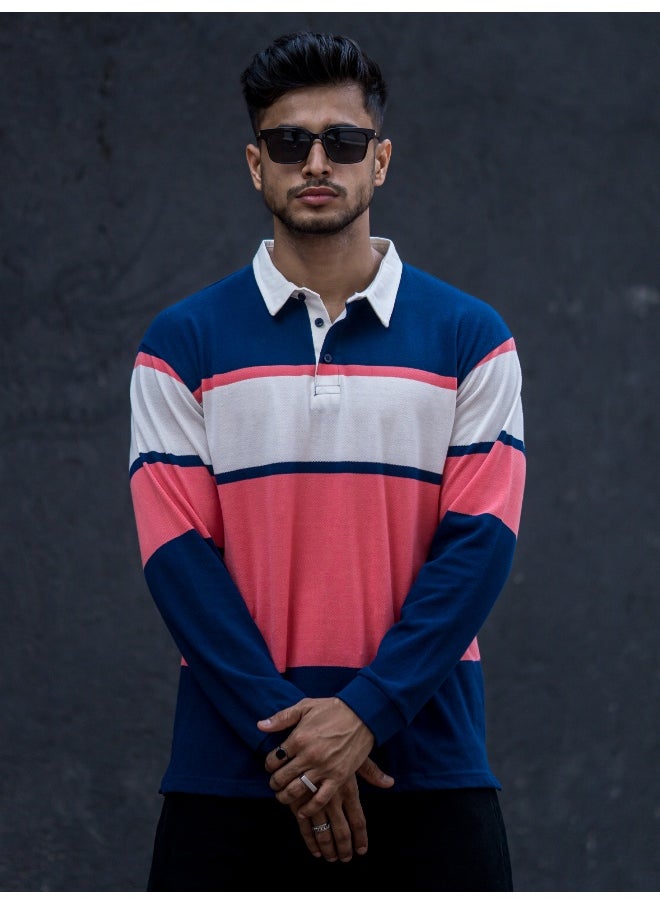 Maniac Mens Polo Neck Auto Striped Full Sleeve Navy, Orange Cotton Oversized Fit T-Shirt  - Image 2