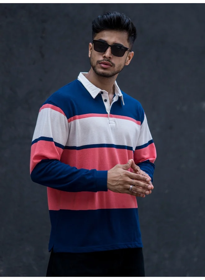 مانياك Mens Polo Neck Auto Striped Full Sleeve Navy, Orange Cotton Oversized Fit T-Shirt