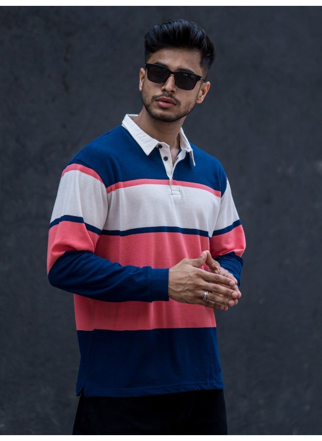 Maniac Mens Polo Neck Auto Striped Full Sleeve Navy, Orange Cotton Oversized Fit T-Shirt  - Image 5