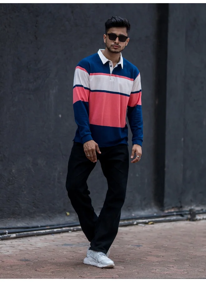 مانياك Mens Polo Neck Auto Striped Full Sleeve Navy, Orange Cotton Oversized Fit T-Shirt