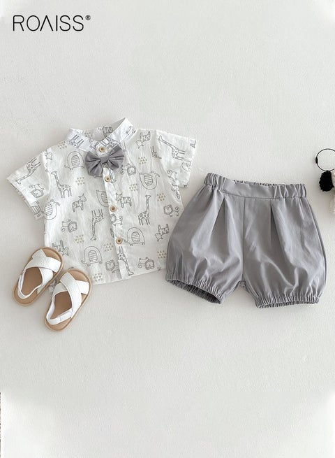 2 Piece Comortable Clothing Set for Toddler Boys, Adorable Shirt and Shorts Set, Stylish Summer Outfit with Short Sleeve Top and Solid Short Pants