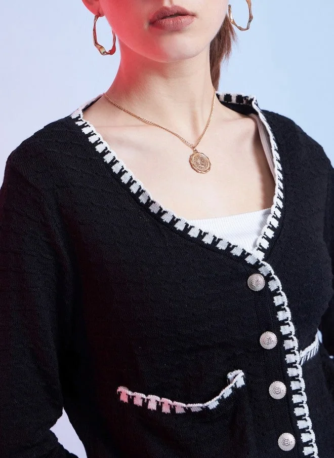 STREET 9 Black Self Design V-Neck Cardigan for Women