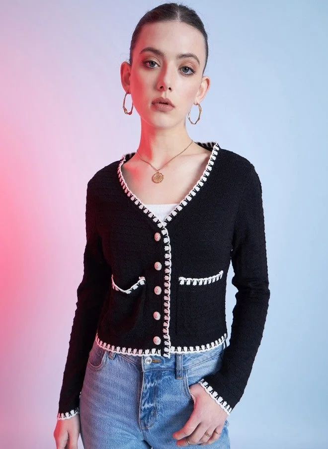 STREET 9 Black Self Design V-Neck Cardigan for Women