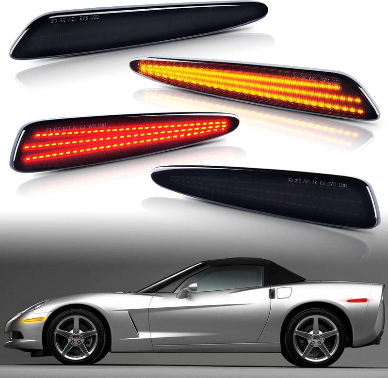 Gempro LED Side Marker Light Kits for Chevy Corvette C6 2005-2013 - Front Amber & Rear Red, Smoked Lens, 4pcs - Image 1