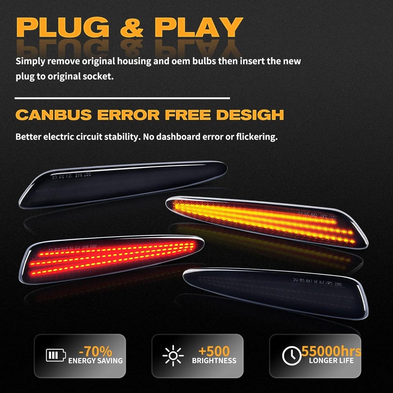 Gempro LED Side Marker Light Kits for Chevy Corvette C6 2005-2013 - Front Amber & Rear Red, Smoked Lens, 4pcs - Image 2