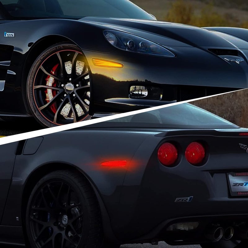 Gempro LED Side Marker Light Kits for Chevy Corvette C6 2005-2013 - Front Amber & Rear Red, Smoked Lens, 4pcs - Image 3