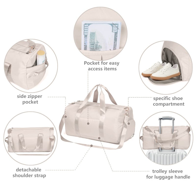 MABROUC Duffle Bag For Women, Sports Duffel Bag for Gym with Wet Pocket & Shoe Compartment, Overnight Weekender Travel Bag(beige) - Image 3