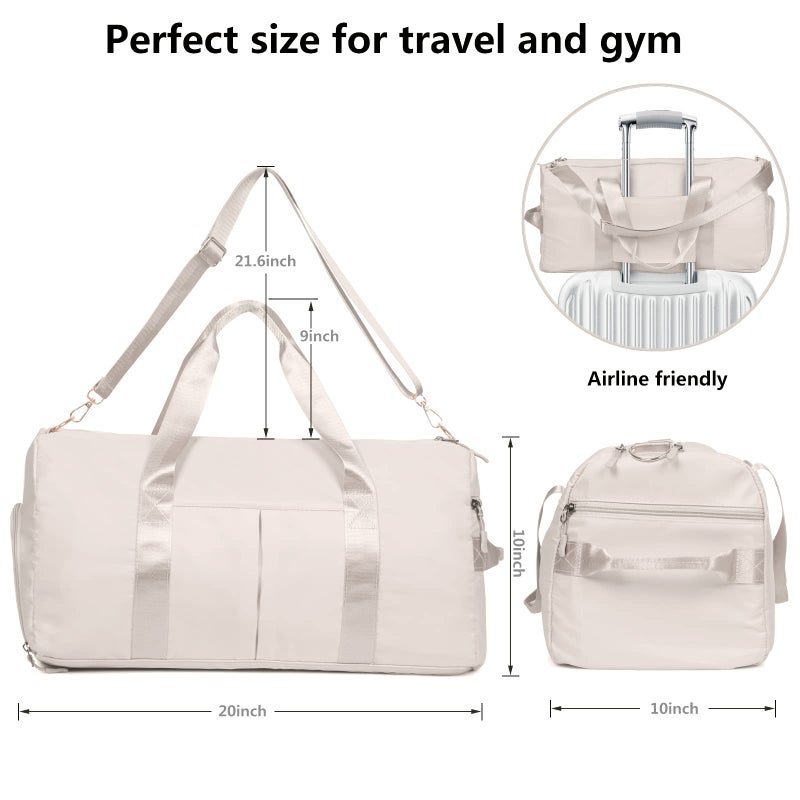 MABROUC Duffle Bag For Women, Sports Duffel Bag for Gym with Wet Pocket & Shoe Compartment, Overnight Weekender Travel Bag(beige) - Image 5
