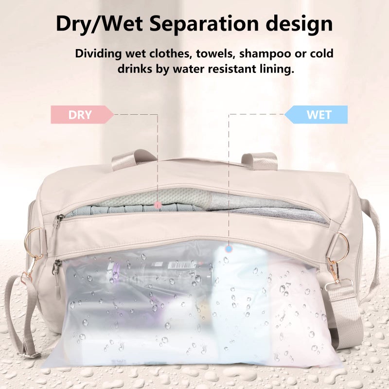 MABROUC Duffle Bag For Women, Sports Duffel Bag for Gym with Wet Pocket & Shoe Compartment, Overnight Weekender Travel Bag(beige) - Image 4