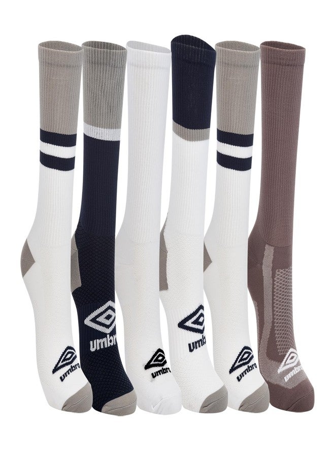 Umbro Men’s 6-Pack Athletic Crew Sports Socks, Moisture-Wicking Cushioned Performance, Blue White Multi/Varsity Stripes, 6-12 - Image 1