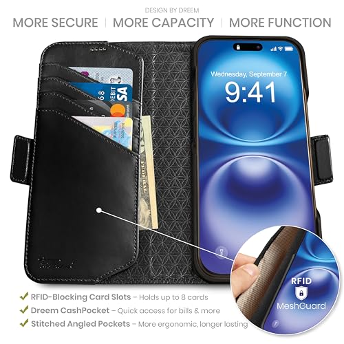 Dreem Real Leather Wallet Case for iPhone 16 Pro Revolutionary VertHor Phone Stand Magnetic Detachable Flip Cover RFID Blocking Card Holder MagSafeFit Gift Box Fibonacci Black - Image 3