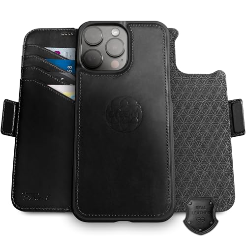 Dreem Real Leather Wallet Case for iPhone 16 Pro Revolutionary VertHor Phone Stand Magnetic Detachable Flip Cover RFID Blocking Card Holder MagSafeFit Gift Box Fibonacci Black - Image 1