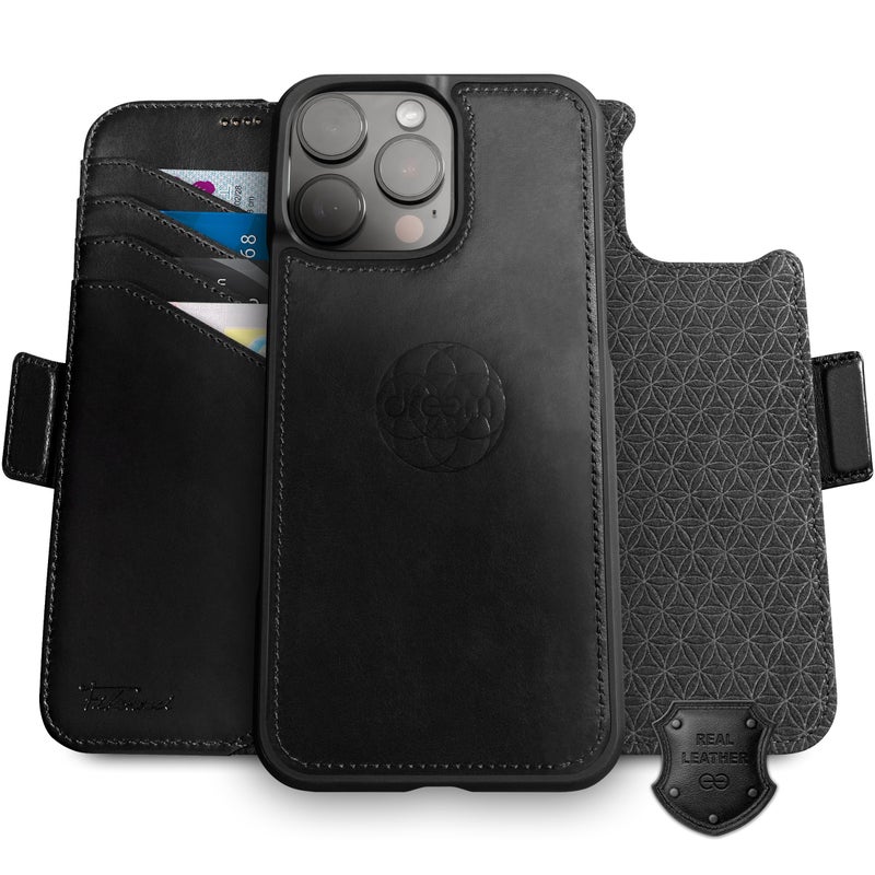 Dreem Real Leather Wallet Case for iPhone 16 Pro Revolutionary VertHor Phone Stand Magnetic Detachable Flip Cover RFID Blocking Card Holder MagSafeFit Gift Box Fibonacci Black - Image 2