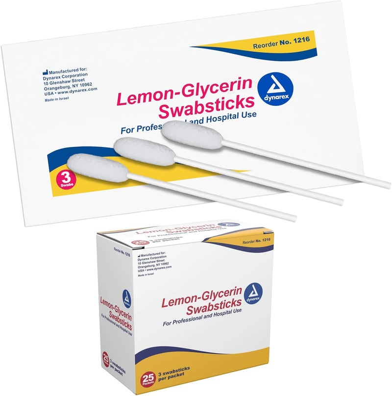Dynarex Lemon-Glycerin Swabsticks, Pleasant Tasting Cotton Swabs That Gently Soothes and Refreshes Dry Mouth, 3 Oral Swabsticks per Packet, 1 Box of 75 Lemon-Glycerin Swabsticks - Image 1
