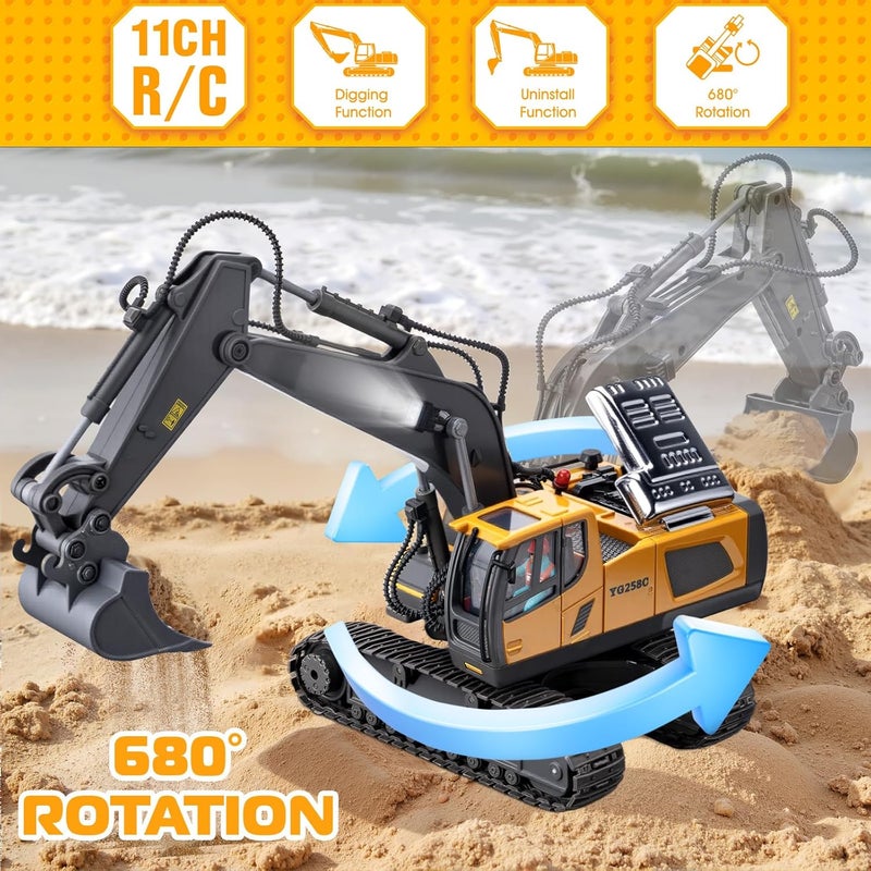Samtop Remote Control Excavator Toys, 11 Channel 1:20 RC Construction Vehicles, 680° Rotation Hydraulic Car Toys for 4 5 6 7 8 9 10 Year Old Boys Kids, RC Truck Digger Toy Christmas Birthday Gifts - Image 2