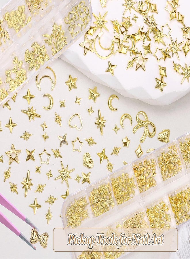 CESUSME 3D Gold Cross Star Nail Charms, Bow Heart Cross Star Moon Alloy Nail Studs, Star Moon Shiny Metal Nail Jewelry Charms, Luxury Rivet Nail Charms for Nail Design DIY Supplies Craft - Image 5