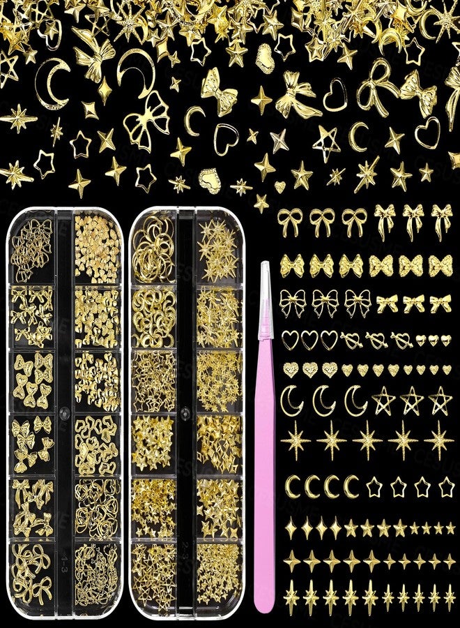CESUSME 3D Gold Cross Star Nail Charms, Bow Heart Cross Star Moon Alloy Nail Studs, Star Moon Shiny Metal Nail Jewelry Charms, Luxury Rivet Nail Charms for Nail Design DIY Supplies Craft - Image 1
