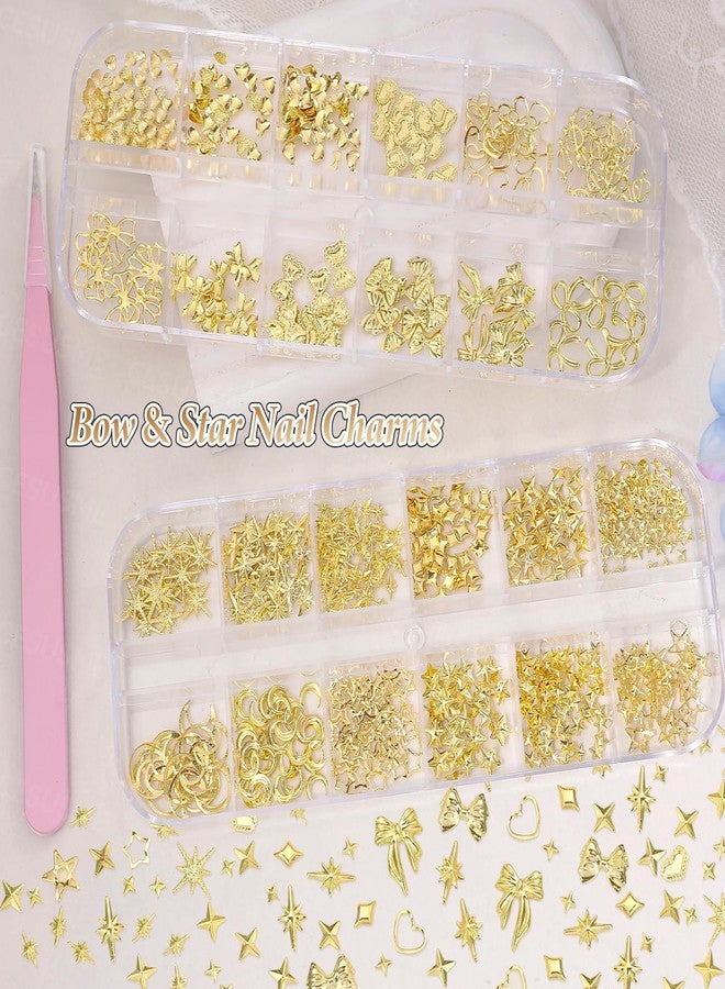 CESUSME 3D Gold Cross Star Nail Charms, Bow Heart Cross Star Moon Alloy Nail Studs, Star Moon Shiny Metal Nail Jewelry Charms, Luxury Rivet Nail Charms for Nail Design DIY Supplies Craft - Image 4