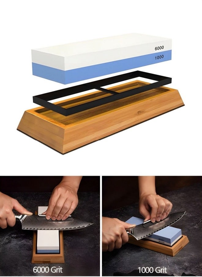 Whetstone Knife Sharpener,Sharpening Stone with Bamboo Base