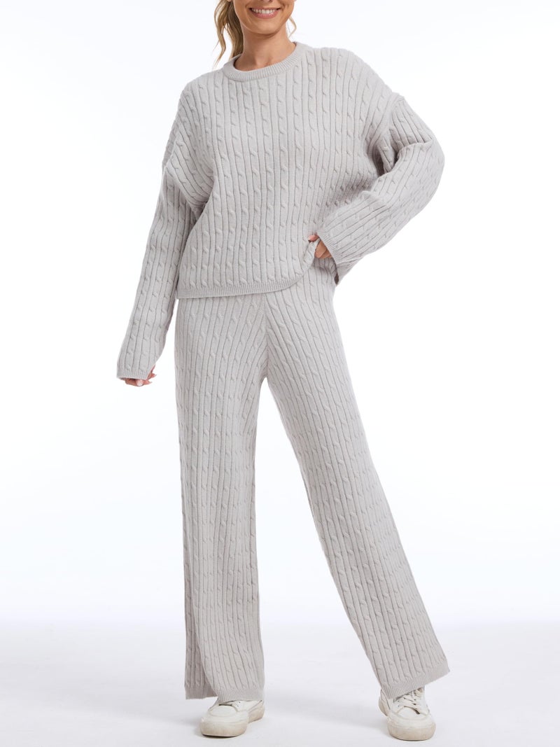 AnotherChill Women's Cable Knit Sweater Lounge Set â€“ Long Sleeve Pullover Top with Wide Leg Pants, 2 Piece Cozy Outfit (Grey, Medium) - Image 2