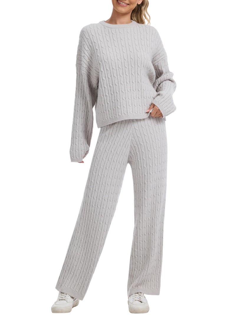 AnotherChill Women's Cable Knit Sweater Lounge Set â€“ Long Sleeve Pullover Top with Wide Leg Pants, 2 Piece Cozy Outfit (Grey, Medium) - Image 1
