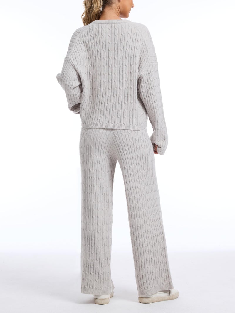 AnotherChill Women's Cable Knit Sweater Lounge Set â€“ Long Sleeve Pullover Top with Wide Leg Pants, 2 Piece Cozy Outfit (Grey, Medium) - Image 4