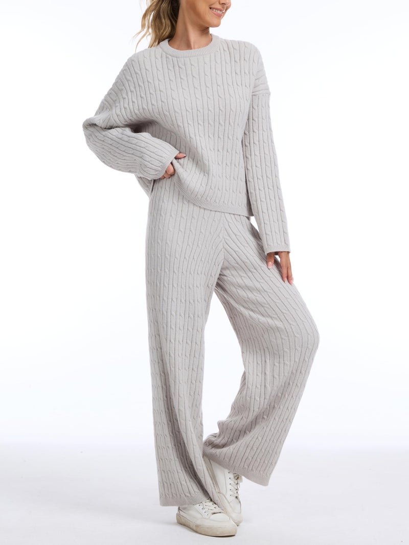 AnotherChill Women's Cable Knit Sweater Lounge Set â€“ Long Sleeve Pullover Top with Wide Leg Pants, 2 Piece Cozy Outfit (Grey, Medium) - Image 3