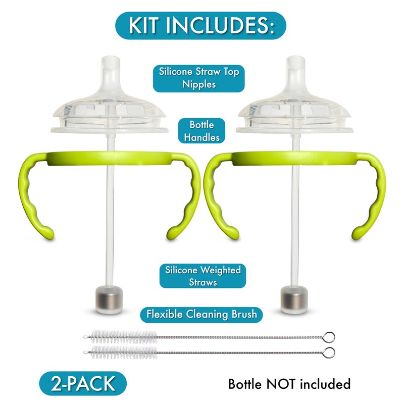BelBeyo Straw Cup Conversion Kit For Comotomo Baby Bottles 2-Count  Food Grade Silicone Straw Nipples  All Silicone Weighted Straw  Bottle Handles And Cleaning Brush  Bpa Free  6+ Months (Straw Top  Green) - Image 2