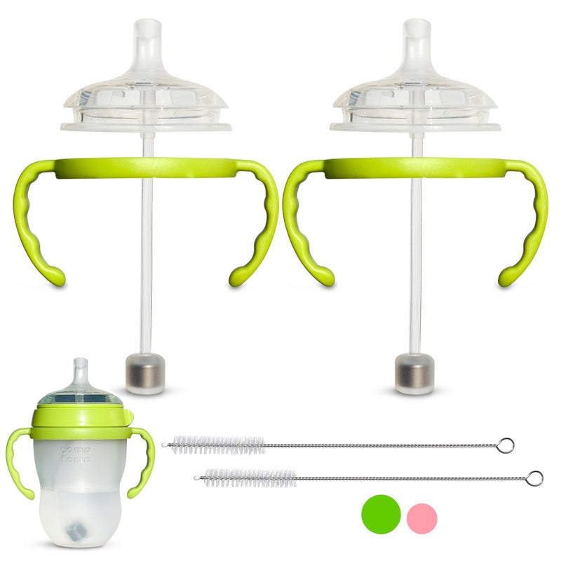 BelBeyo Straw Cup Conversion Kit For Comotomo Baby Bottles 2-Count  Food Grade Silicone Straw Nipples  All Silicone Weighted Straw  Bottle Handles And Cleaning Brush  Bpa Free  6+ Months (Straw Top  Green) - Image 1