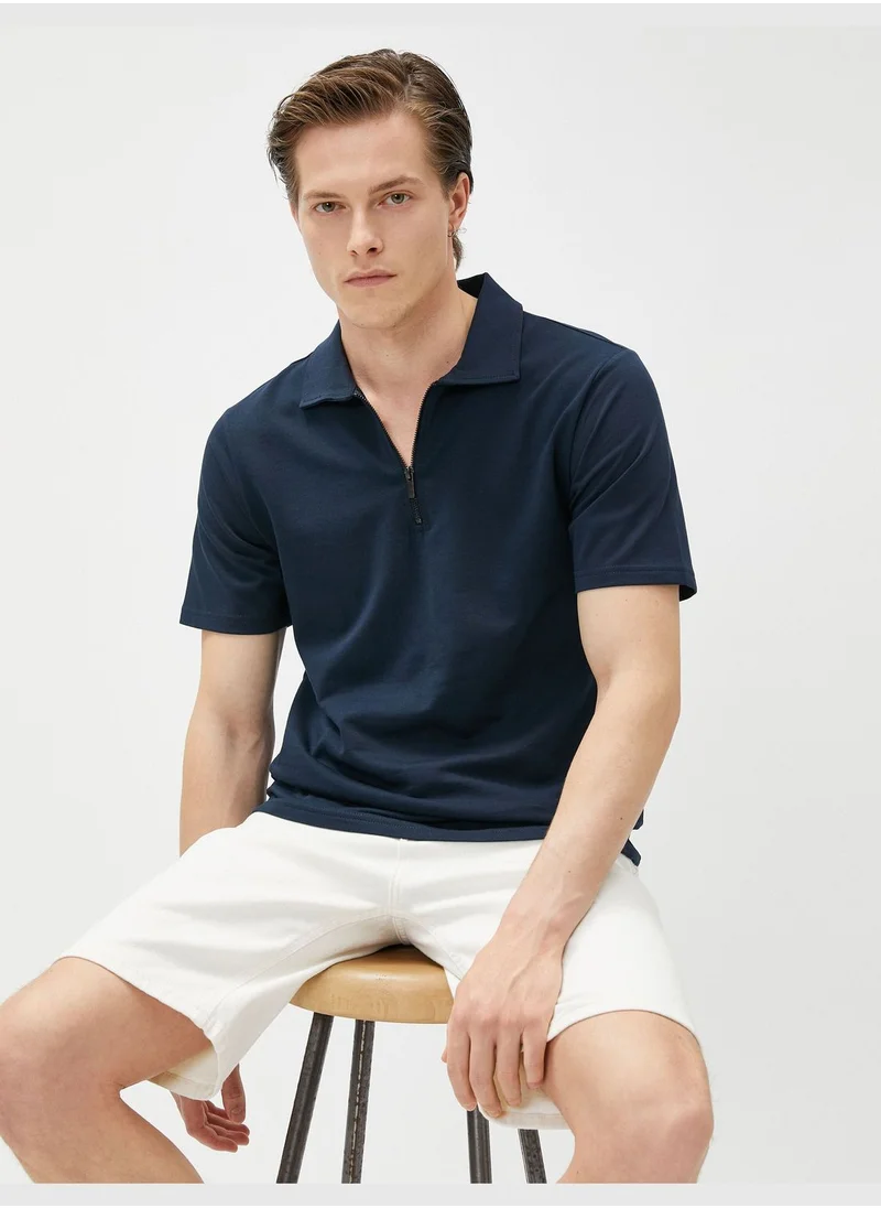 كوتون Zippered T-Shirt Polo Neck Short Sleeve Cotton