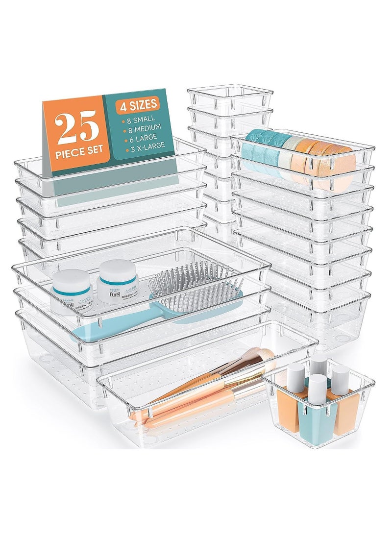JOMILA 25 PCS Clear Plastic Drawer Organizer Set 4 Sizes Desk Drawer Divider Organizers and Storage Bins for Makeup Jewelry Gadgets for Kitchen Bedroom Bathroom Office  - Image 1