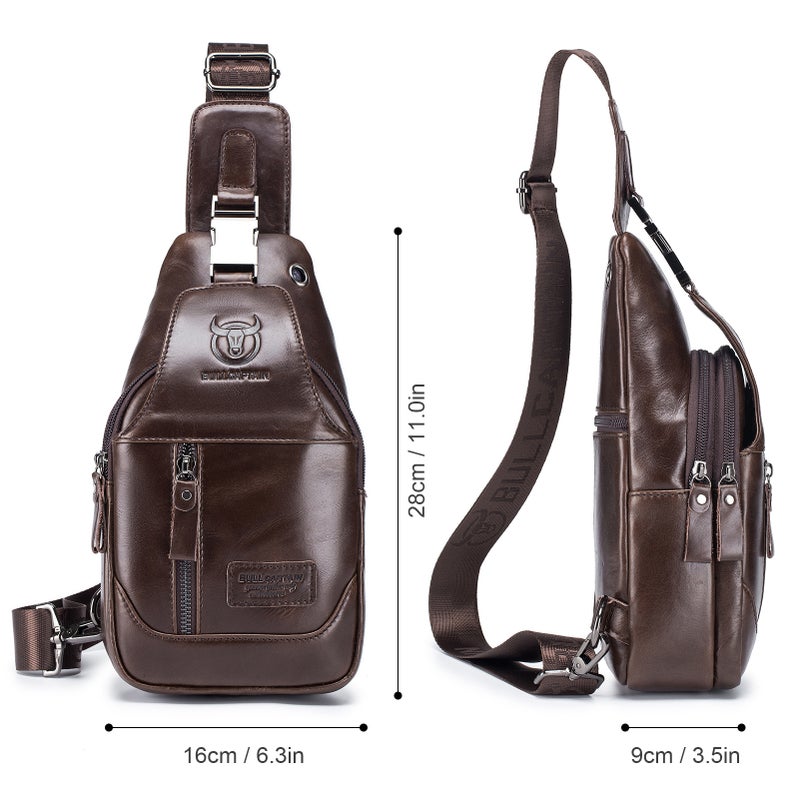 Men's Leather Sling Bag Waterproof Crossbody Pack Chest Shoulder Backpack for Hiking Cycling Mountaineering Travelling - Image 2