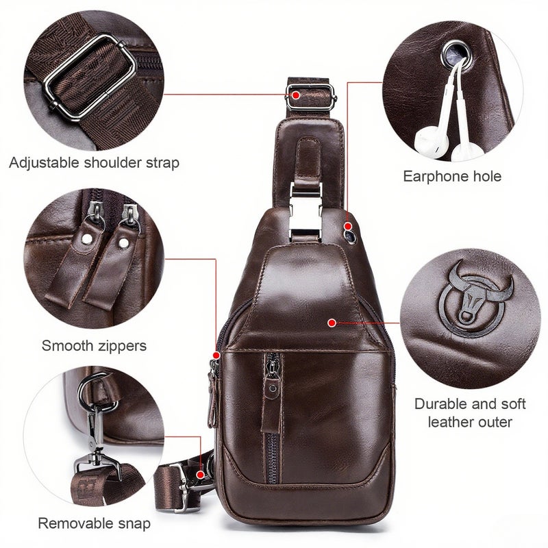 Men's Leather Sling Bag Waterproof Crossbody Pack Chest Shoulder Backpack for Hiking Cycling Mountaineering Travelling - Image 4