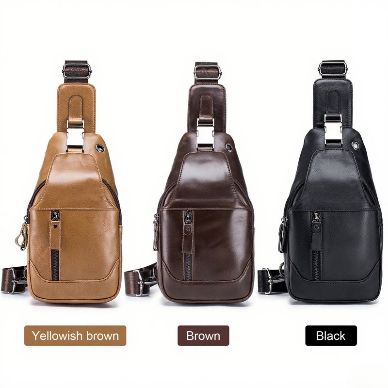Men's Leather Sling Bag Waterproof Crossbody Pack Chest Shoulder Backpack for Hiking Cycling Mountaineering Travelling - Image 3