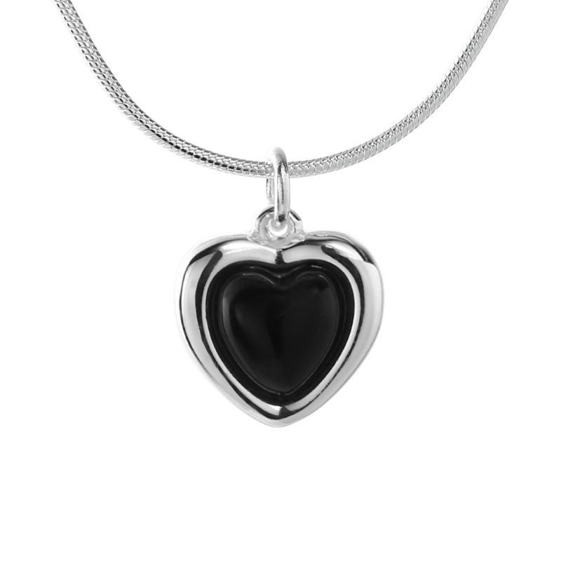 Generic Elegant Heart Black Agate Necklace 925 Silver White Gold 