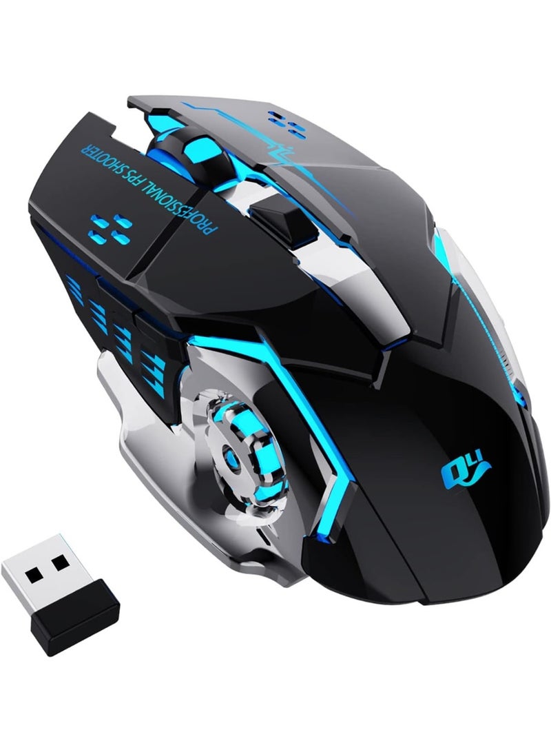 QV13 2.4G Wireless Rechargeable Gaming Mouse, Silent Click with 6 Buttons, 3 Adjustable DPI Levels, Colorful LED Lights, Compatible with Laptop, iPad, MacOS, PC, Windows, and Android (Black) - Image 1