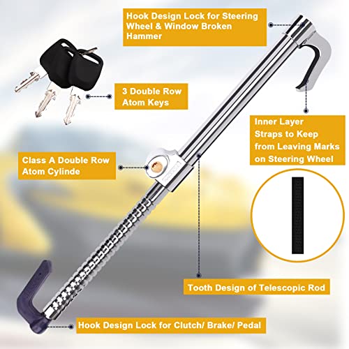 Tevlaphee Universal Steering Wheel Brake Lock Anti-Theft Retractable Double Hook Extended Car Lock Clutch Pedal for Car Truck SUV Van Security with 3 Keys(Extended) - Image 5